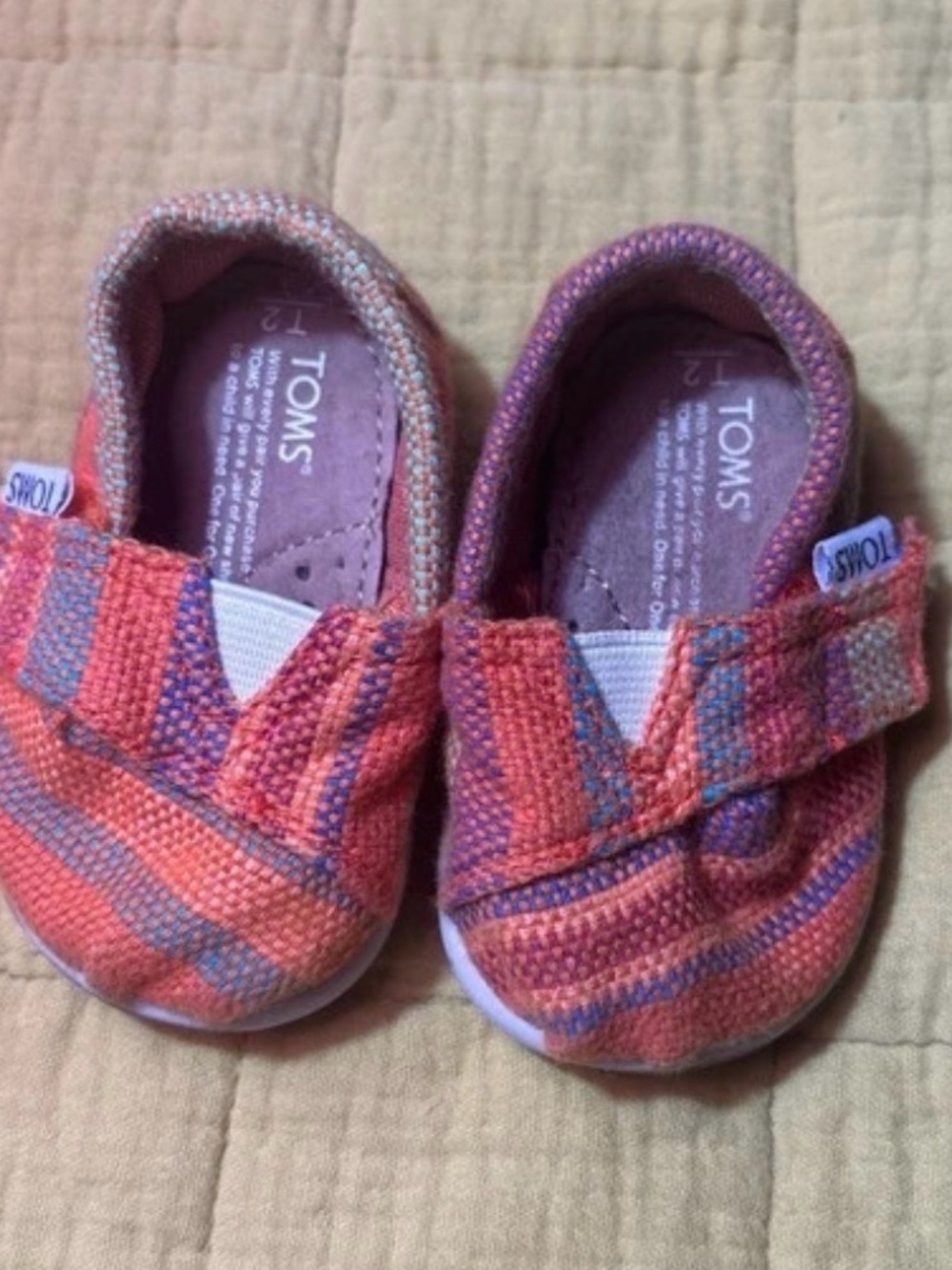 TOMS Gender Neutral Coral and Purple Striped Canvas Hook-and-Loop Baby Slip-Ons